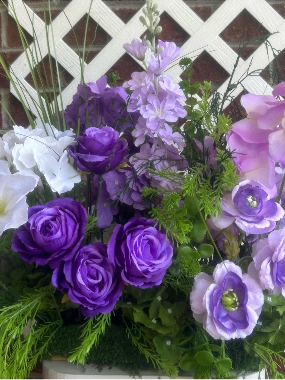 Purple White Block Floral Arrangement with Faux Moss